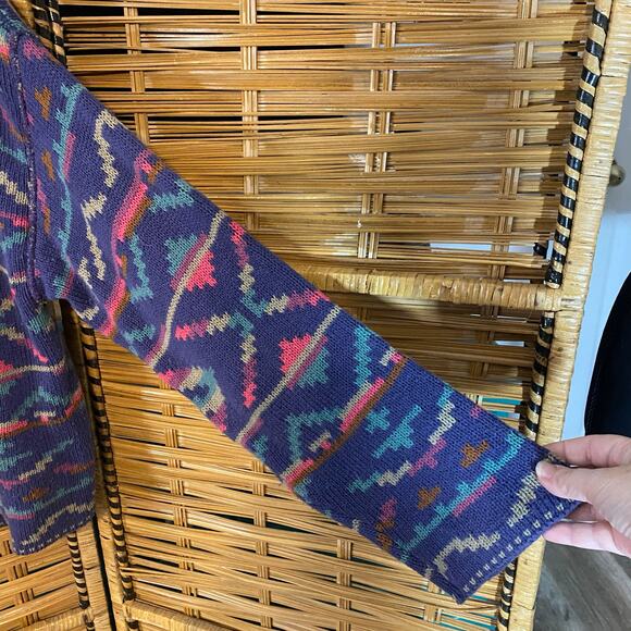 Vintage ALPS Southwestern Cotton Cardigan Sweater XL USA Aztec Knit Boho purple - Picture 5 of 8